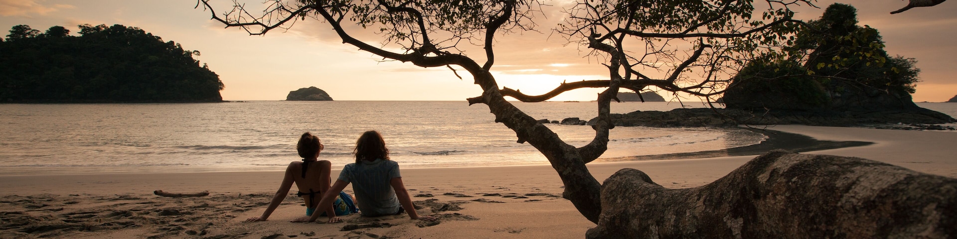 Una playa con dos personas sentadas bajo un árbol, un afloramiento rocoso y una isla distante.