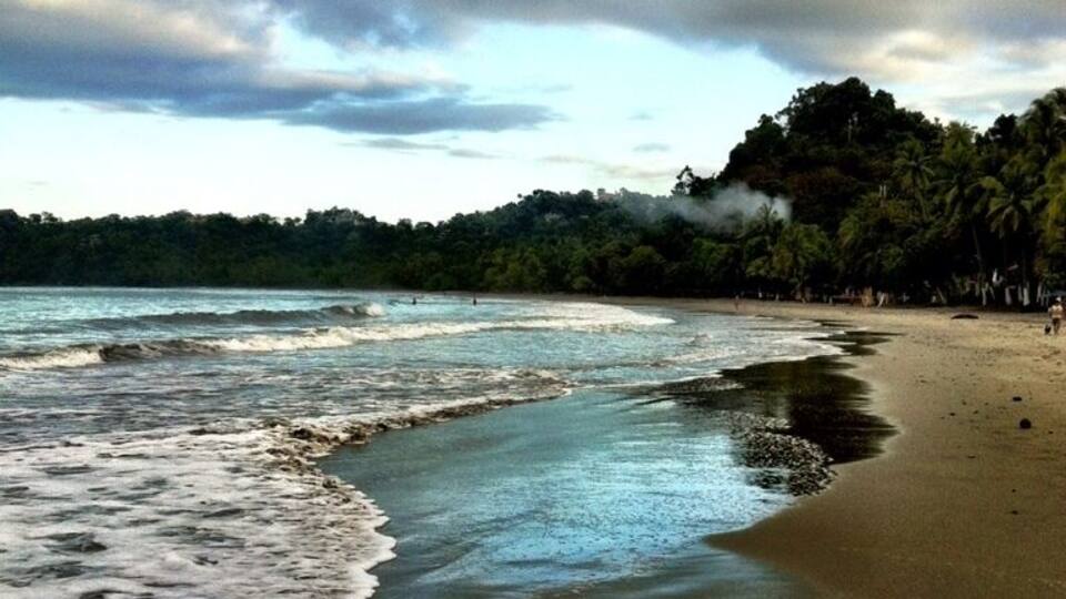 A beach with waves, a forested hill, and a cloudy sky.