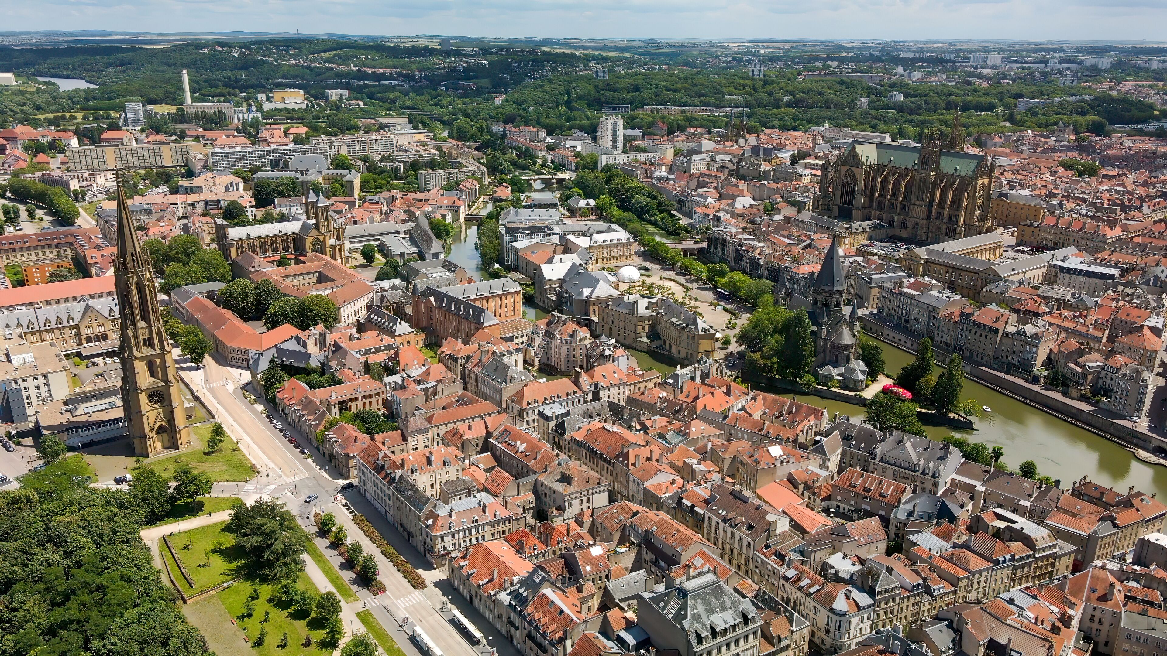 View from above to the city of Metz which is a town in France with a historical city center 
