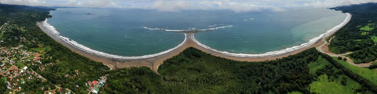 Beautiful aerial view of the majestic whale tale in the beach of the National park Marino Ballena in Costa Rica