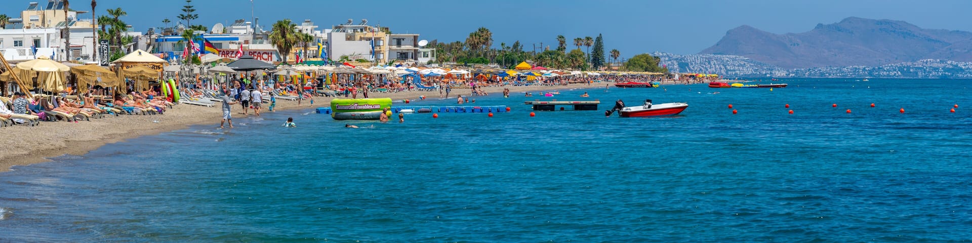 View of Lambi Beach and Turkey visible in background, Kos Town, Kos, Dodecanese, Greek Islands