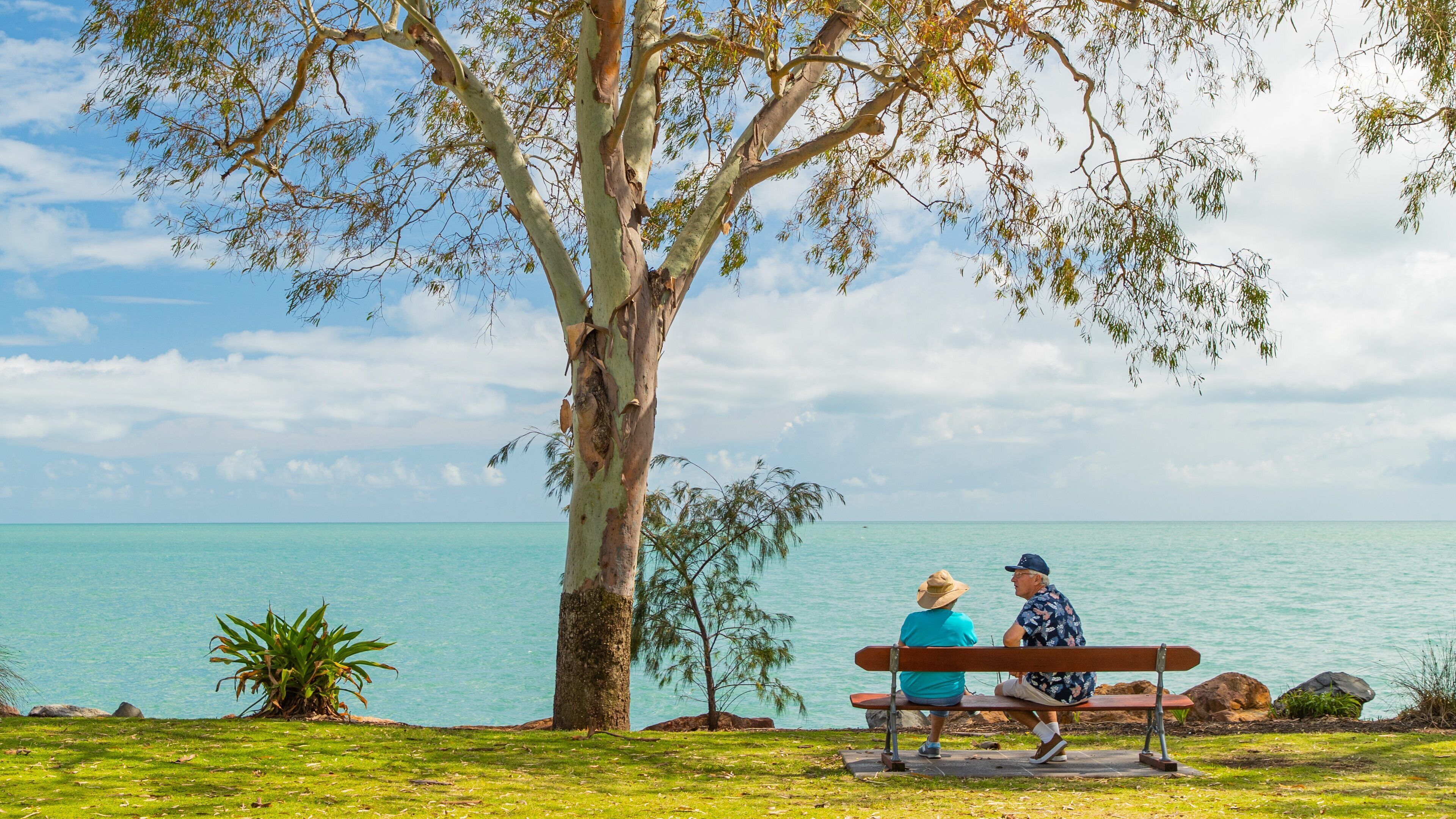 Hervey Bay showing general coastal views and a park as well as a couple
