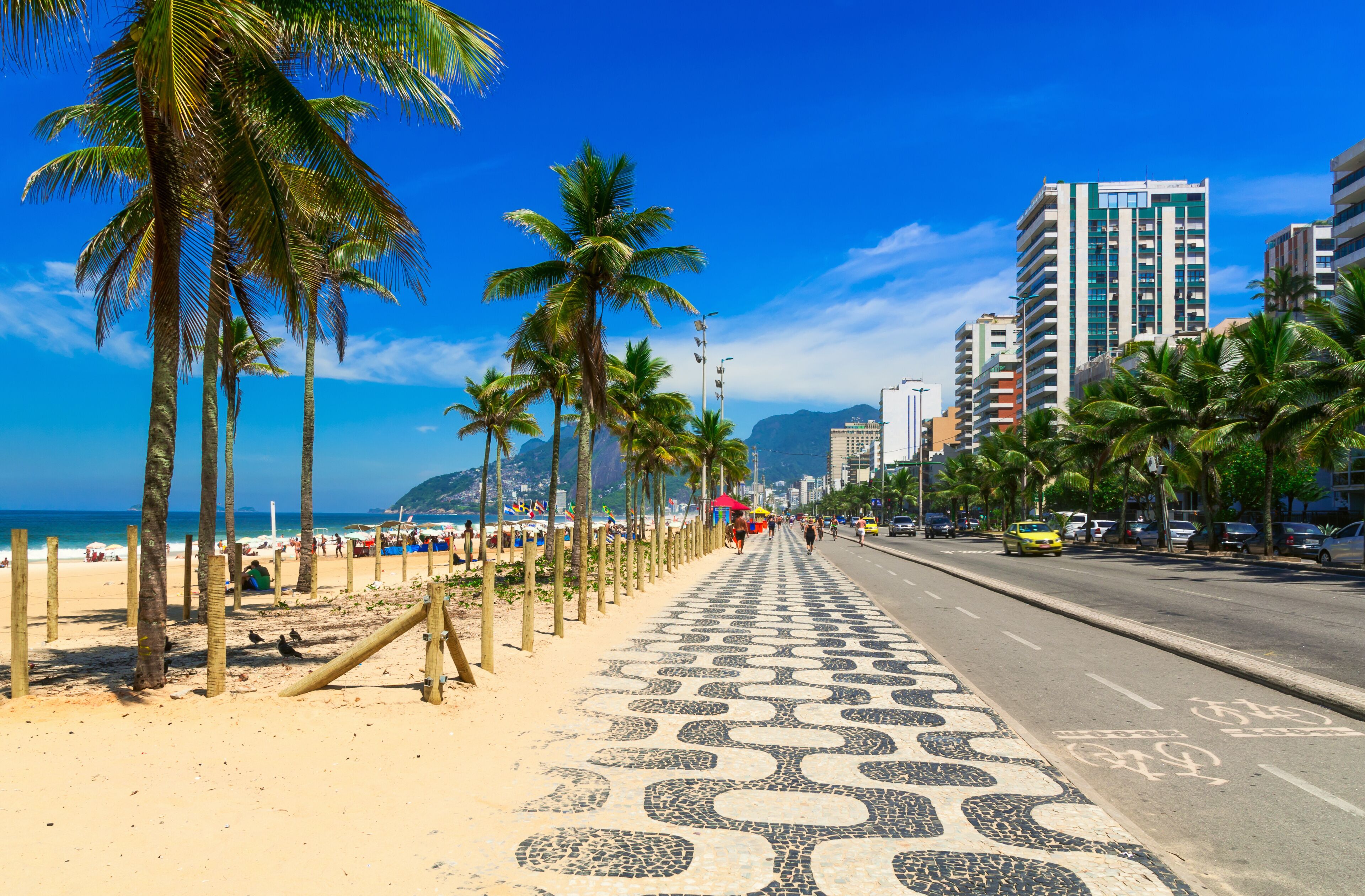 Ipanema beach with mosaic of sidewalk in Rio de Janeiro. Brazil