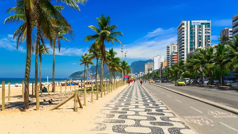 Ipanema beach with mosaic of sidewalk in Rio de Janeiro. Brazil