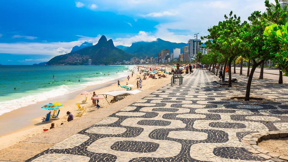 Ipanema beach with mosaic of sidewalk in Rio de Janeiro. Brazil; Shutterstock ID 422575195