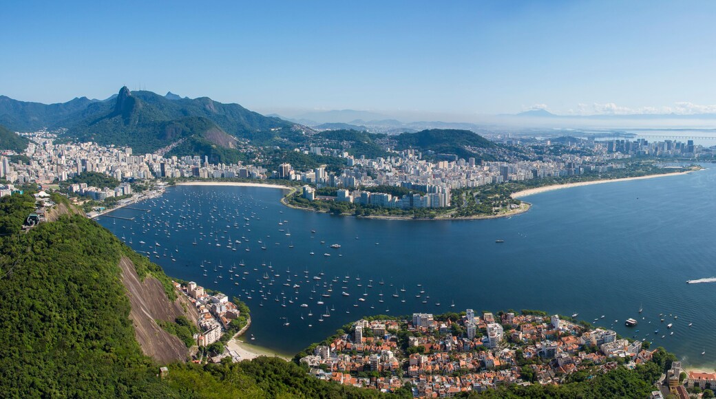 Rio de janeiro, Brazil. Panorama. Corcovado Mountain and statue of Christ, Urca neighborhood, Flamengo and Botafogo. Guanabara Bay. Santos Dumont Airport and Rio Niterói bridge.