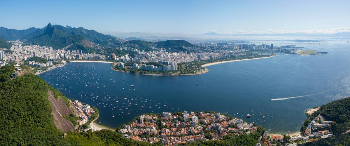 Rio de janeiro, Brazil. Panorama. Corcovado Mountain and statue of Christ, Urca neighborhood, Flamengo and Botafogo. Guanabara Bay. Santos Dumont Airport and Rio Niterói bridge.