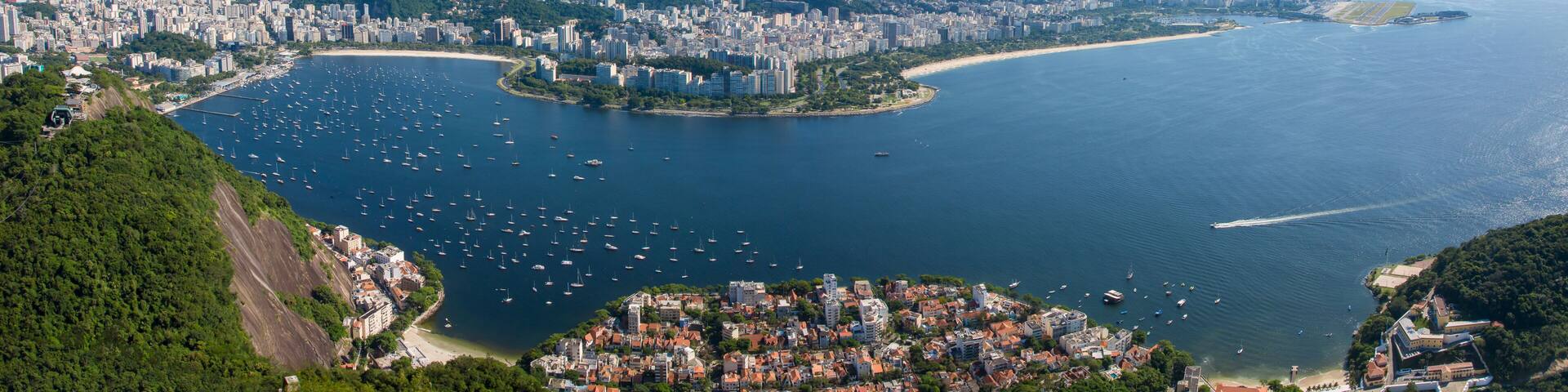 Rio de janeiro, Brazil. Panorama. Corcovado Mountain and statue of Christ, Urca neighborhood, Flamengo and Botafogo. Guanabara Bay. Santos Dumont Airport and Rio Niterói bridge.