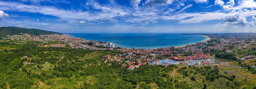 Amazing aerial panorama drone view of bay Sunny Beach, Nessebar, and Sveti Vlas, Bulgaria