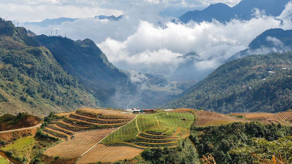 Sapa city in fog and clouds. Neighborhood of the city of Sapa, Vietnam