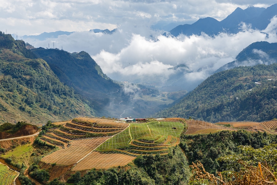 Sapa city in fog and clouds. Neighborhood of the city of Sapa, Vietnam