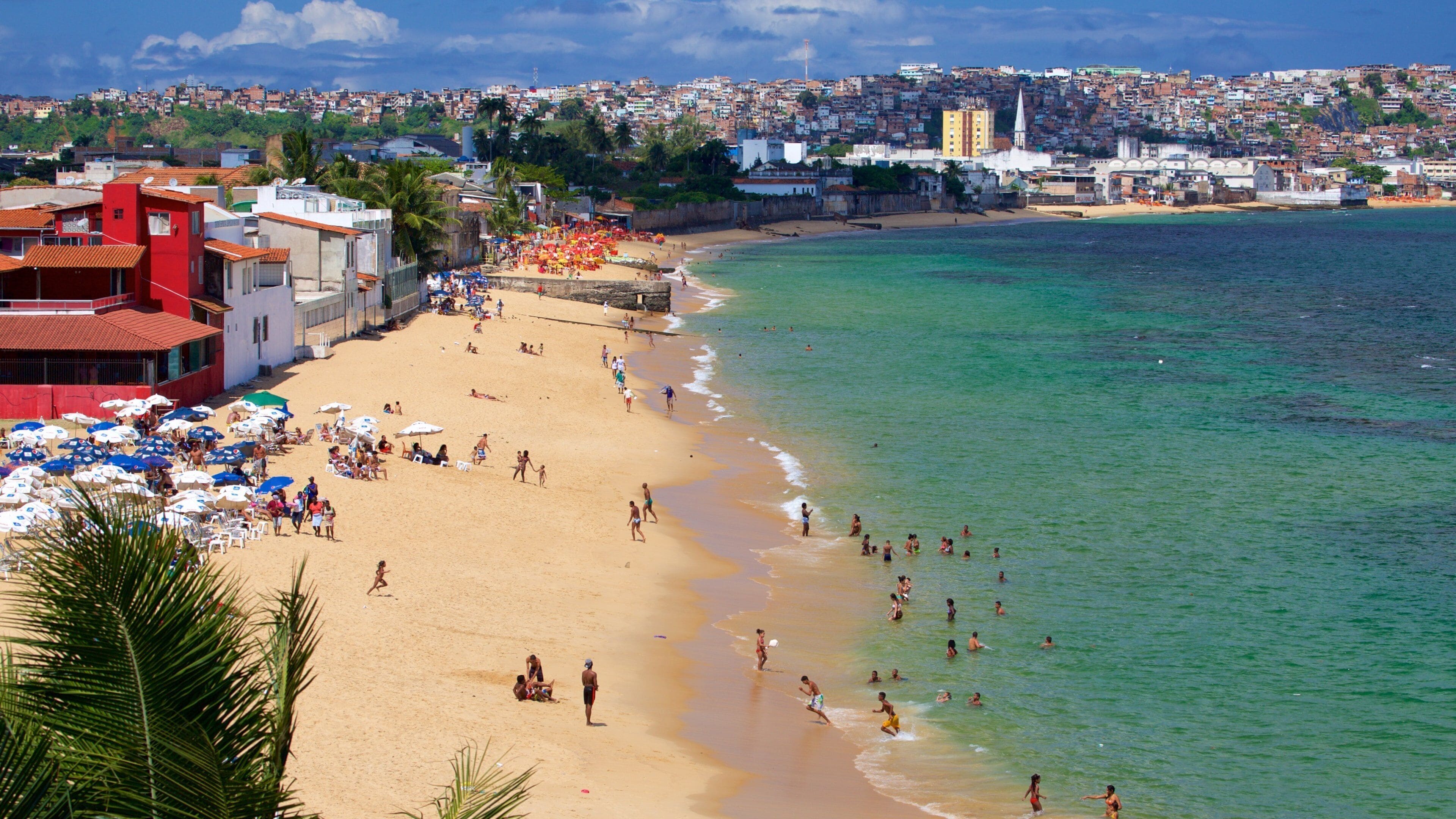 Una playa concurrida, gente nadando y tomando el sol, rodeada de edificios y palmeras.