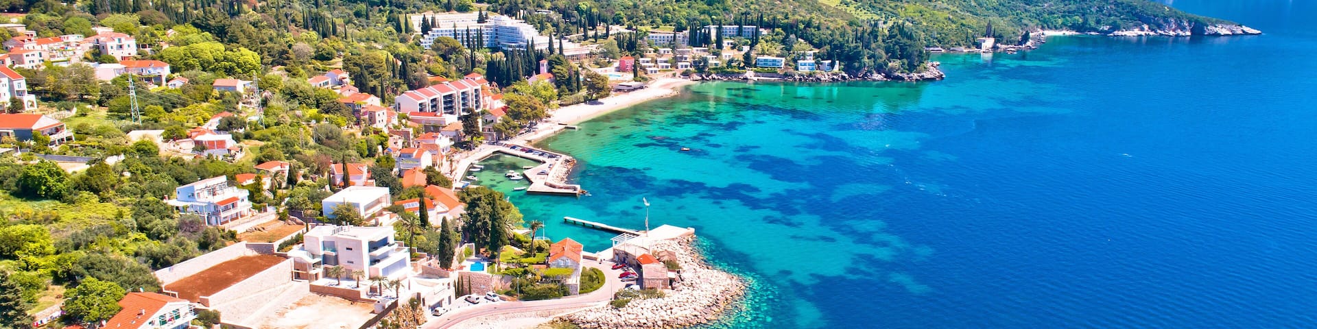 Dubrovnik region waterfront in Mlini and Srebreno aerial view