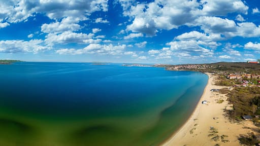 Amazing day aerial view. Seascape of the rocks at the coastline of Chernomorets, Burgas region, Bulgaria. The beautiful beach of the black sea captured by the air in the summer.
