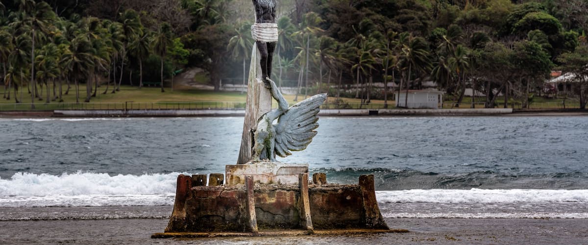 A statue of a figure with outstretched arms, a bird perched on the statue, and a body of water in the background.