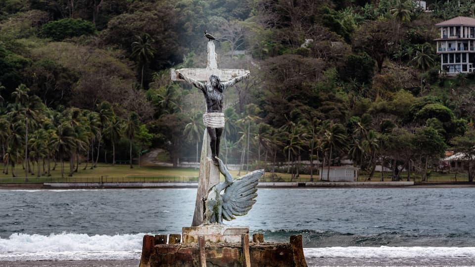 A statue of a figure with outstretched arms, a bird perched on the statue, and a body of water in the background.