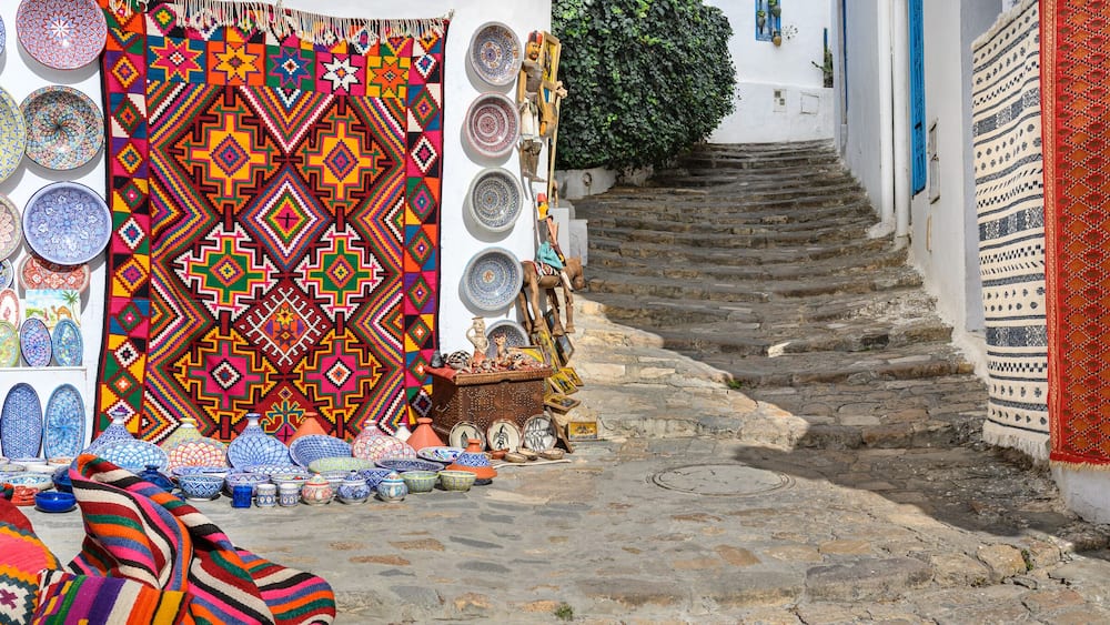 A street scene from the colorful town of Sidi Bou Said in Tunisia