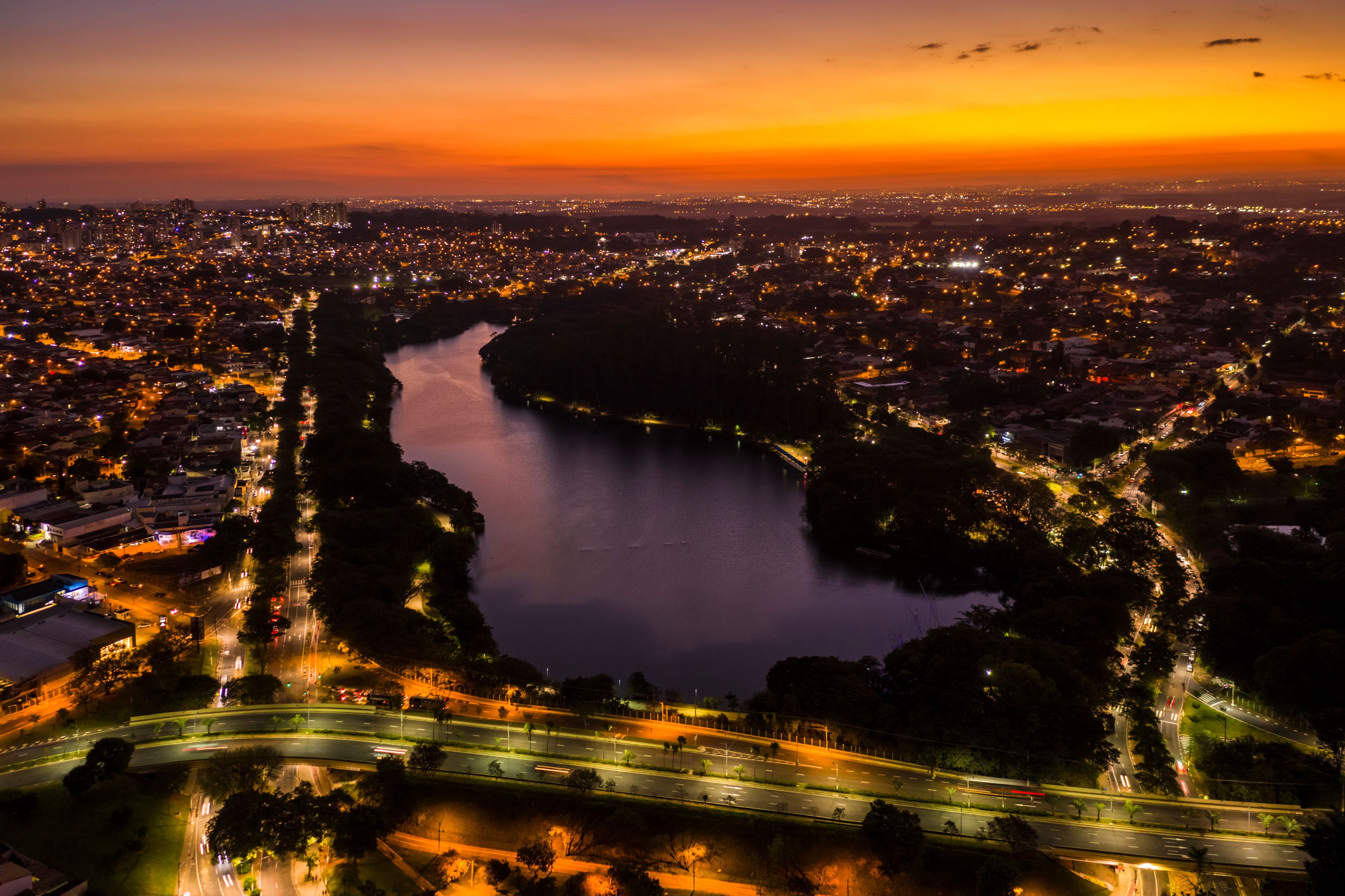 Taquaral lagoon in Campinas at dawn, view from above, Portugal park, Sao Paulo, Brazil