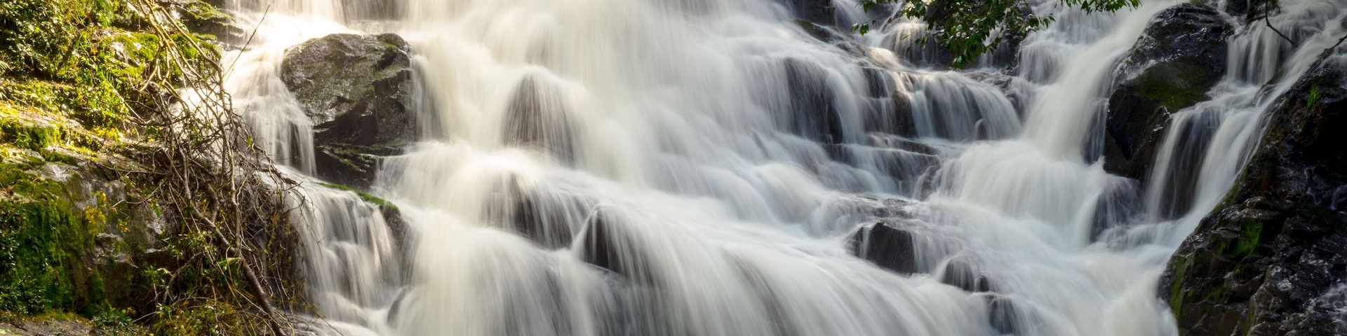 Una cascada de varios niveles rodeada de exuberante vegetación.