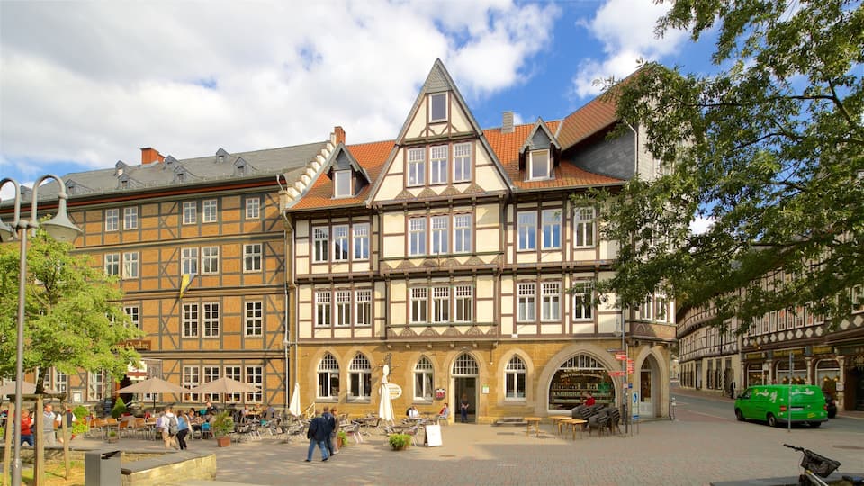 A traditional European building with a gabled roof and timber framing.