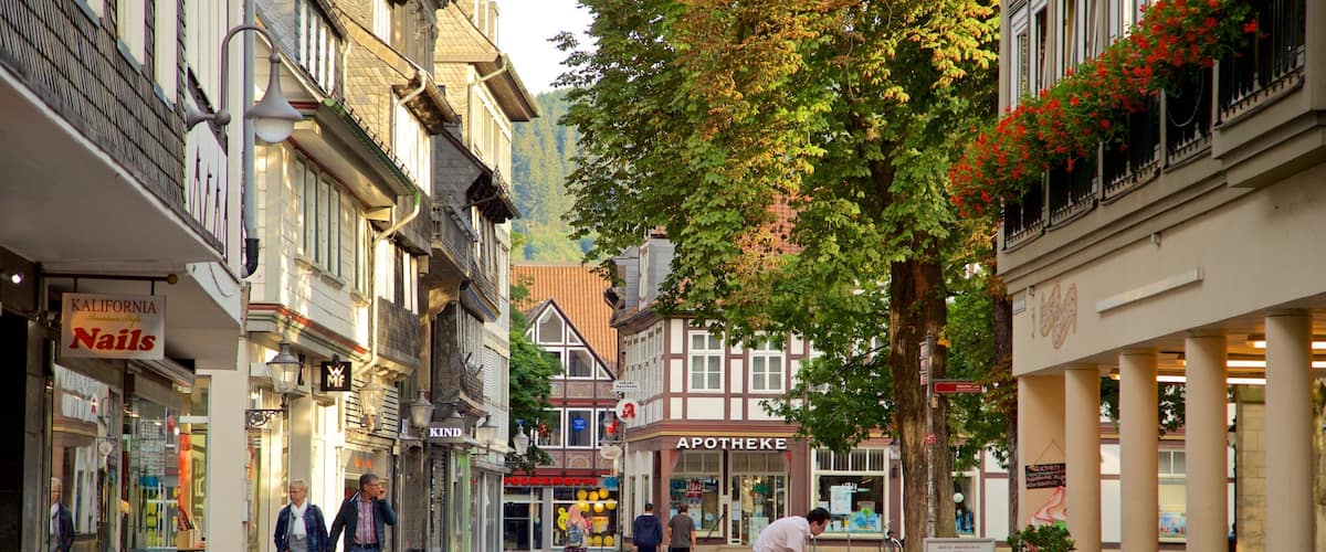 A cobblestone street lined with historic buildings, a café with outdoor seating, and pedestrians walking along.