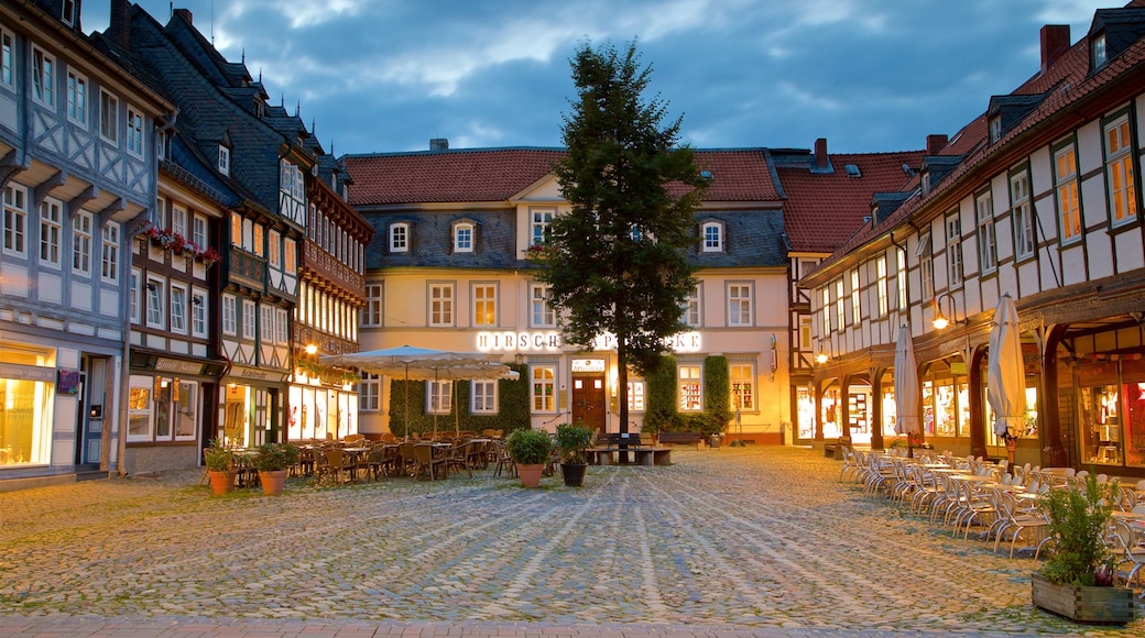 Goslar Old Town showing night scenes, a square or plaza and heritage elements