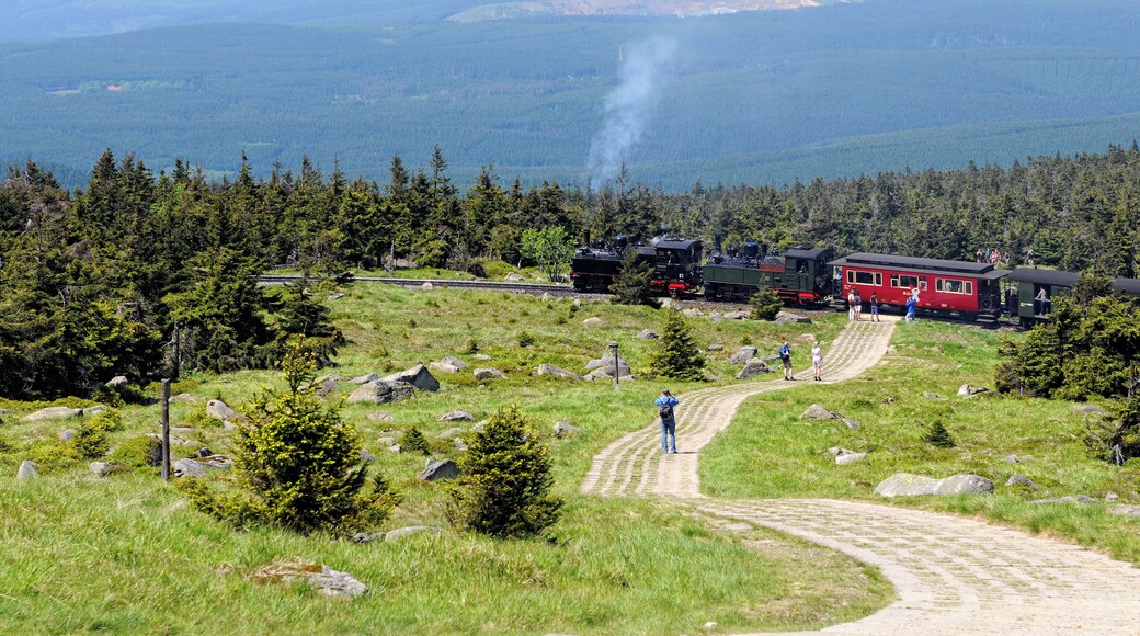 BROCKEN MOUNTAIN, SAXONY-ANHALT/ GERMANY May 26 2012: historical locomotive is going up high to Brocken Peak with tourists. Brocken is part of Harz National Park.