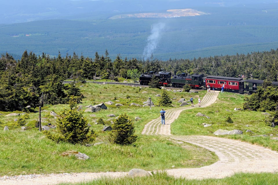 A scenic railway track with a red train and a steam locomotive, surrounded by lush green forest and mountains in the background.