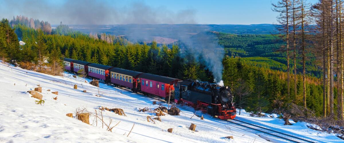 A steam locomotive with a red and black engine pulling purple passenger cars through a snowy landscape with dense forests and distant hills.