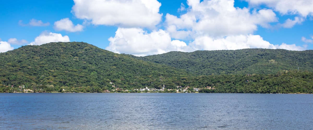 A lake with a mountain range in the background and a small settlement on the shore.