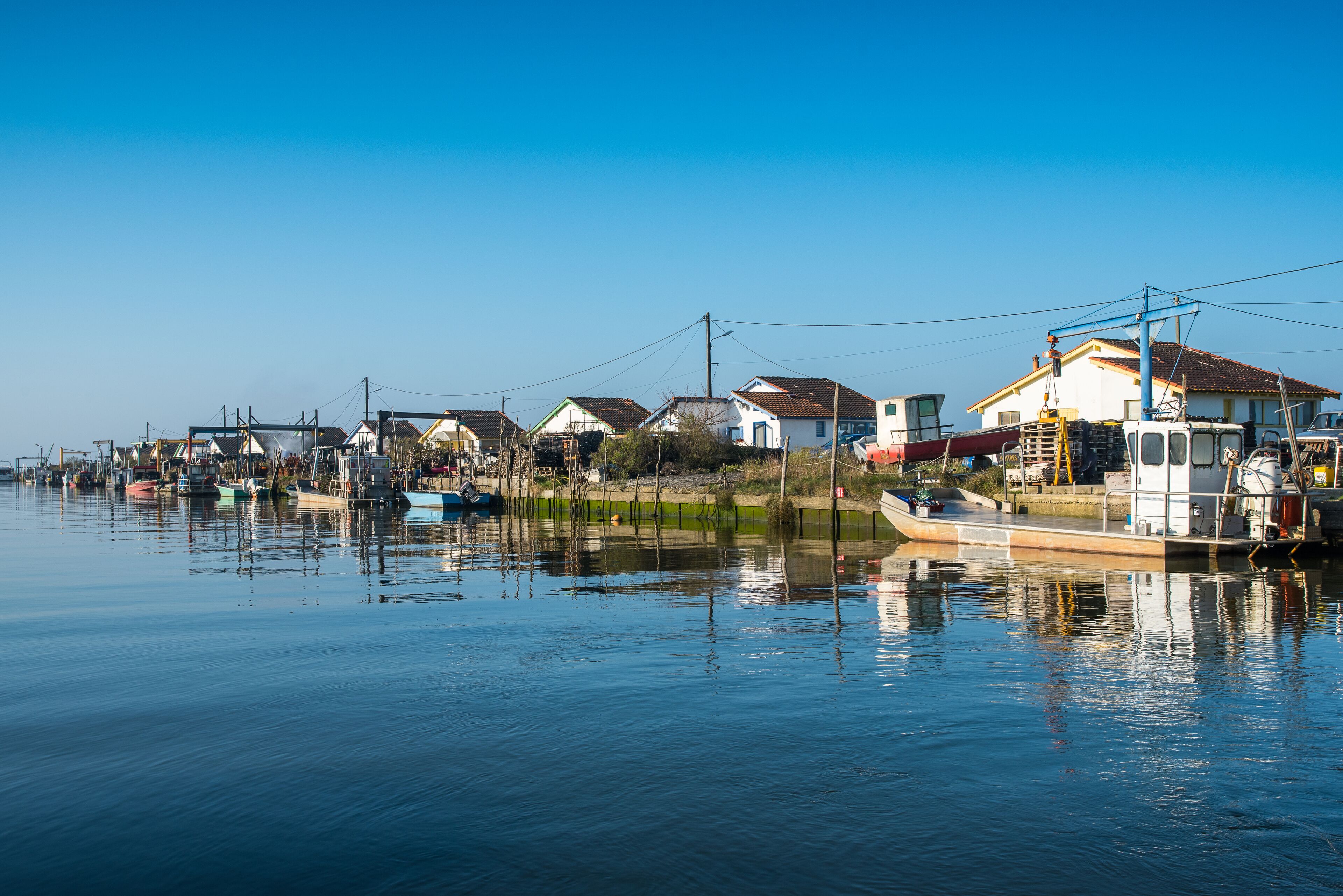 A calm waterfront with houses and boats.
