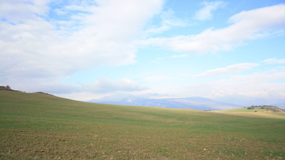 Un champ verdoyant, parsemé de collines douces et dominé par des montagnes lointaines, sous un ciel partiellement nuageux.