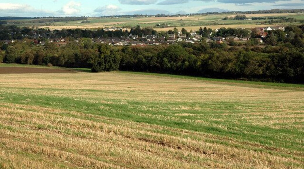 Barley stubble and woodland below Dunglass Farm Conon Bridge in background