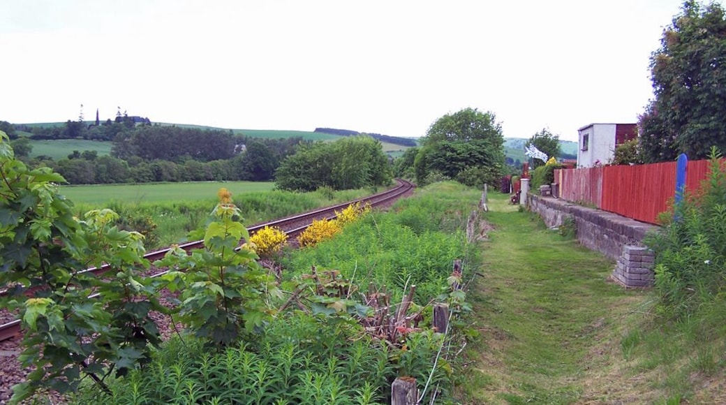 Site of Conon Bridge station. The railway is the Inverness to Wick and Thurso line, which opened in 1862. This photograph is taken from the end of Station Road, Conon Bridge. The station here closed in June 1960. What looks to be a former platform is on the right, and is now part of the back gardens of modern houses. If this was a platform - was there once a siding here? (See also File:Conon Bridge station (former) - geograph.org.uk - 1925307.jpg ). Update: I have been contacted by Alasdair Cameron, who confirms "Yes, there were several sidings and a large goods shed". Thank you for the information Mr Cameron.