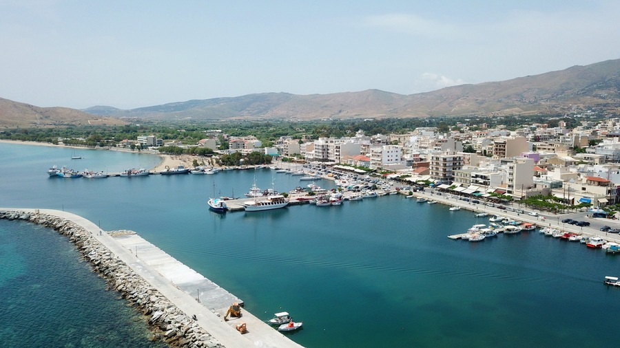 Aerial drone bird's eye view of famous seaside town of Karystos in South Evia island, Greece; Shutterstock ID 1094725535; Purchase Order: -