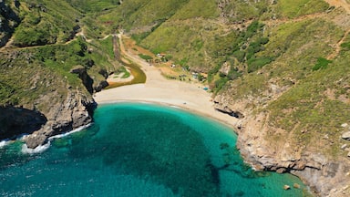 Aerial drone photo of secluded sandy emerald beach and canyon of Agios Dimitrios near Karistos, South Evia island, Greece