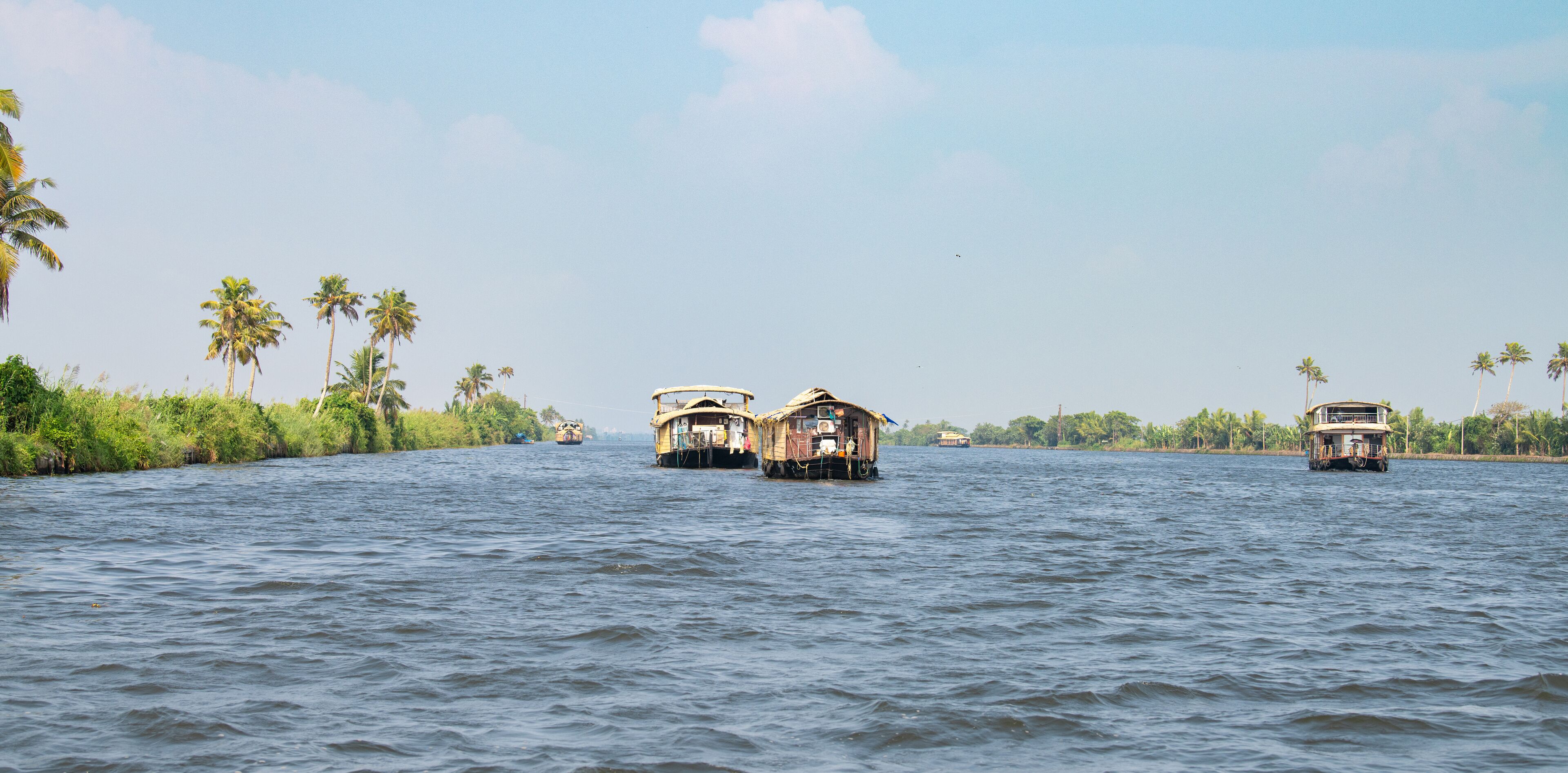 Alleppey backwaters in India,  Alappuzha houseboats on waterway, small canal of Laccadive Sea, Tarshish land of Kerala,  serene water body