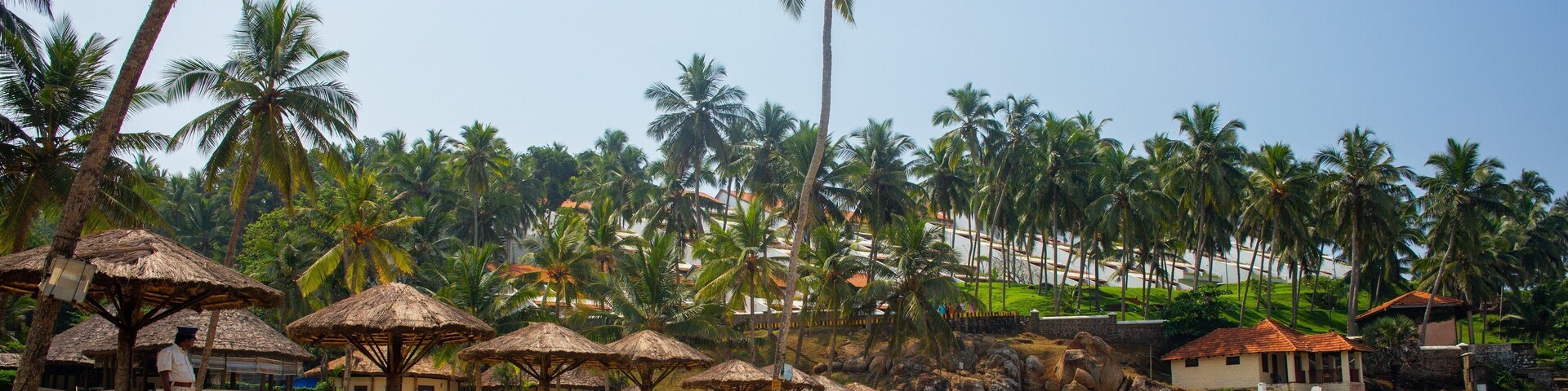 Una playa con sombrillas de techo de paja, palmeras y una orilla arenosa con barcos.