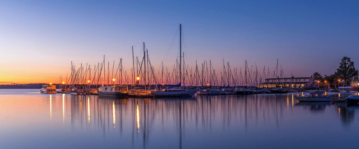 Yachts at Zoebigker Harbour, lake Cospuden, Markkleeberg, Saxony, Germany.
