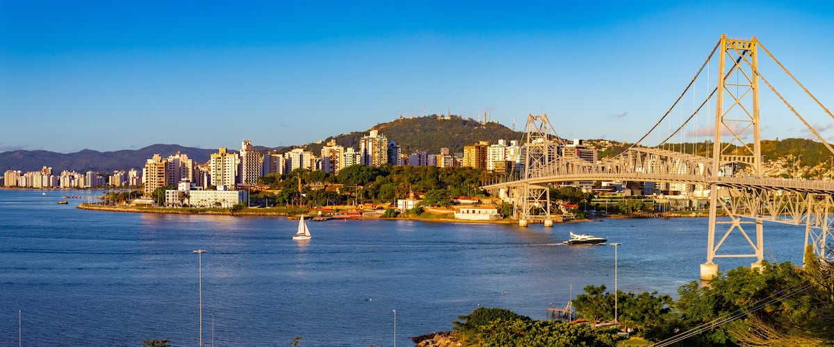 A bridge over a river with a cityscape in the background.