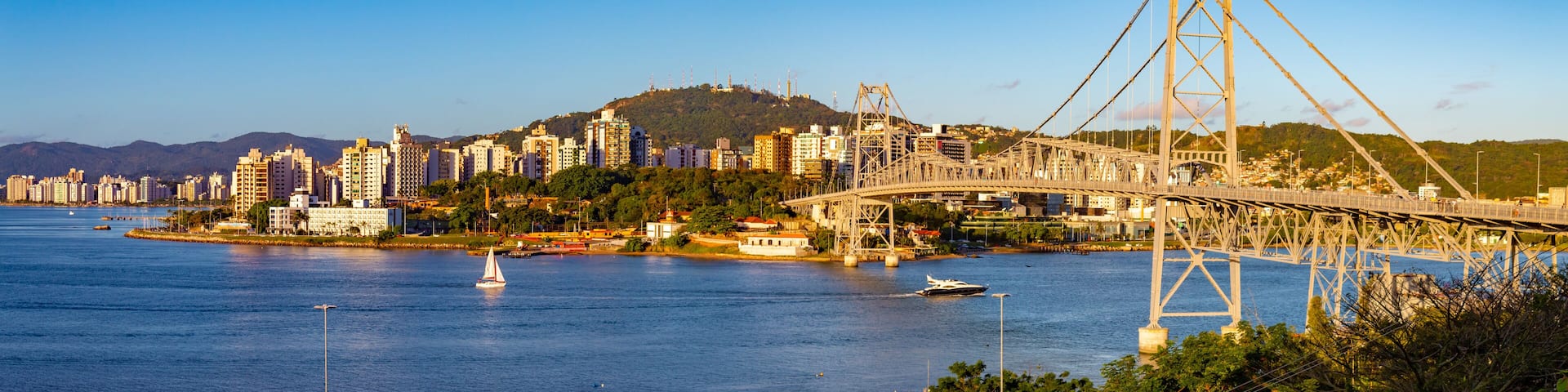 A bridge over a river with a cityscape in the background.