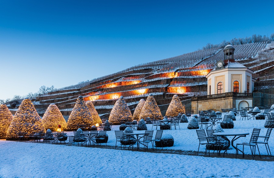 Schneebedeckte Landschaft mit beleuchteten Weihnachtsbäumen und einem Gebäude mit einem Glockenturm.