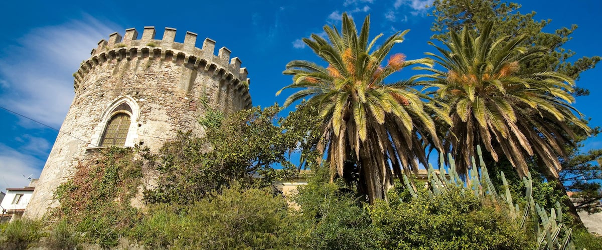 A historic tower with a round tower and arched window, surrounded by lush greenery and palm trees.
