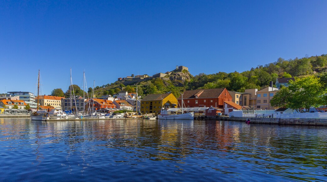 Halden waterfront during sunny, summer day with the Fredriksten fortress as the backdrop. Ostfold County, Norway.