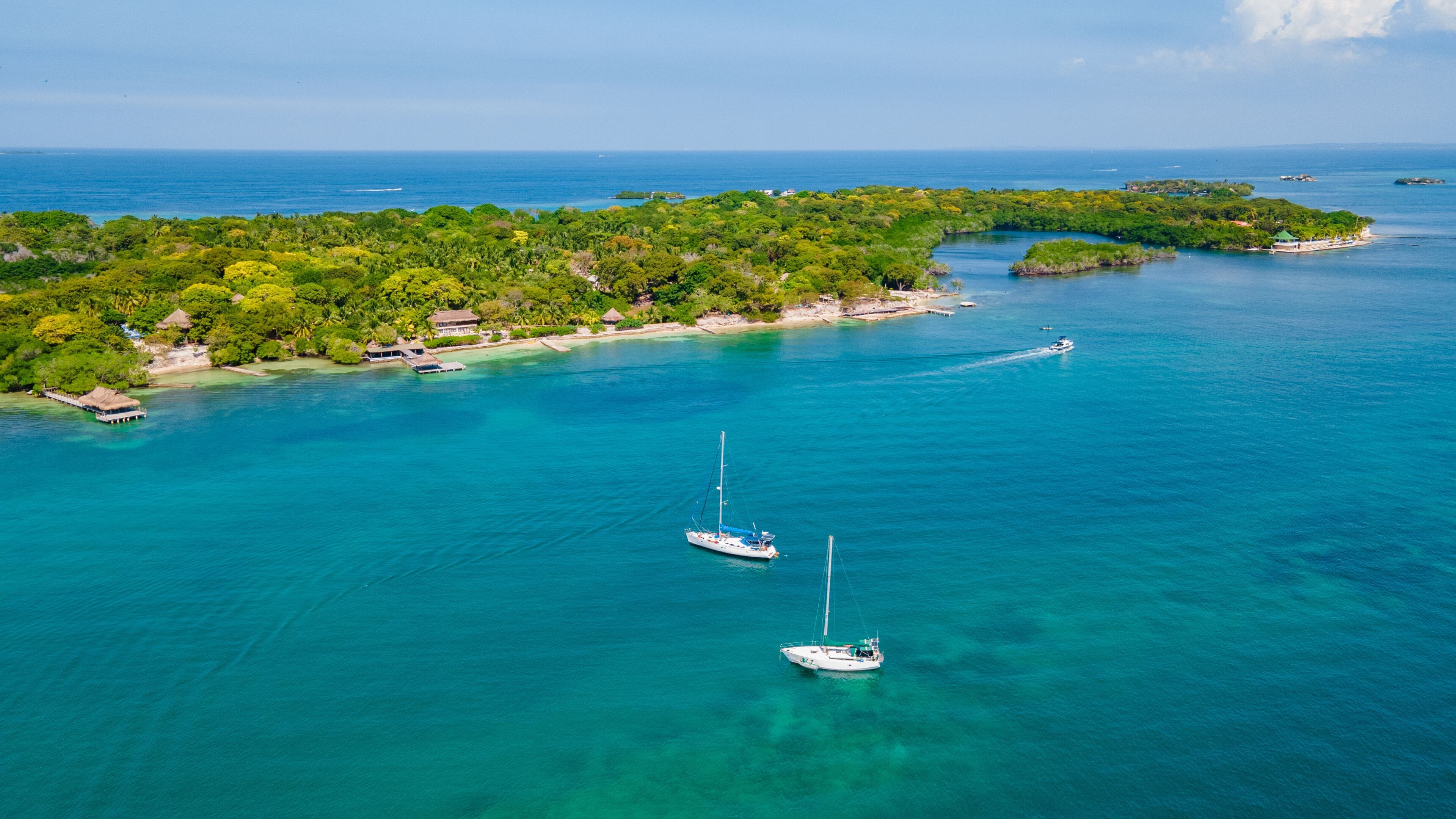 Aerial View of Beautiful Rosario Islands in Cartagena, Bolivar, Colombia with Boats and Lush Greenery
