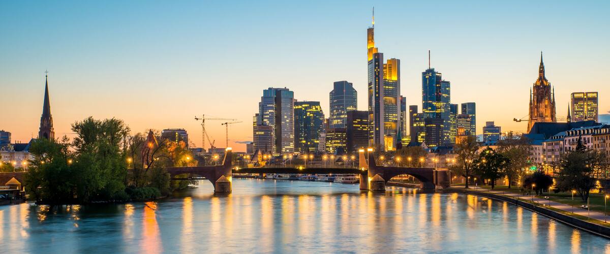 Frankfurt am main urban skyline with skyscrapers building at night in Frankfurt, Germany; Shutterstock ID 455116630