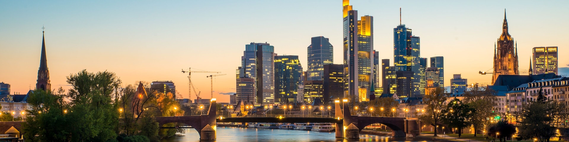 Frankfurt am main urban skyline with skyscrapers building at night in Frankfurt, Germany; Shutterstock ID 455116630
