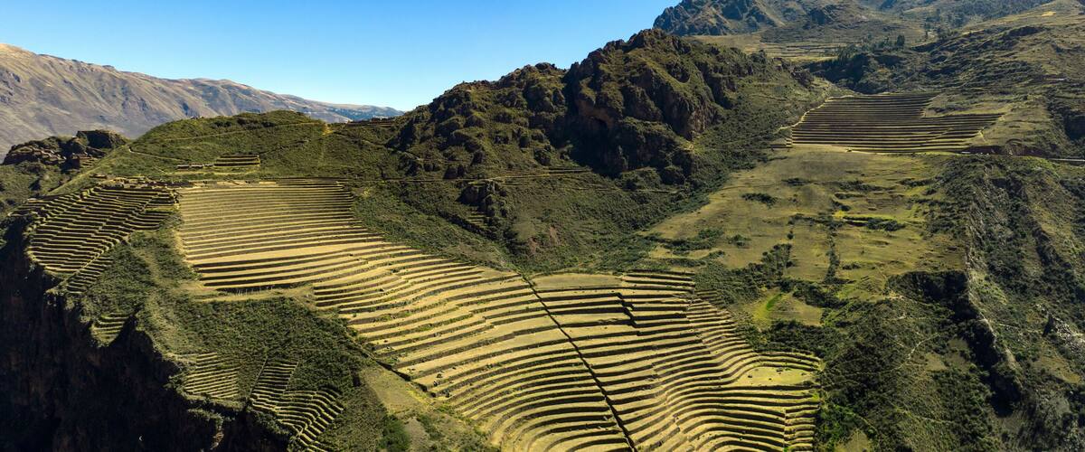 Terraced agricultural fields in a mountainous region.