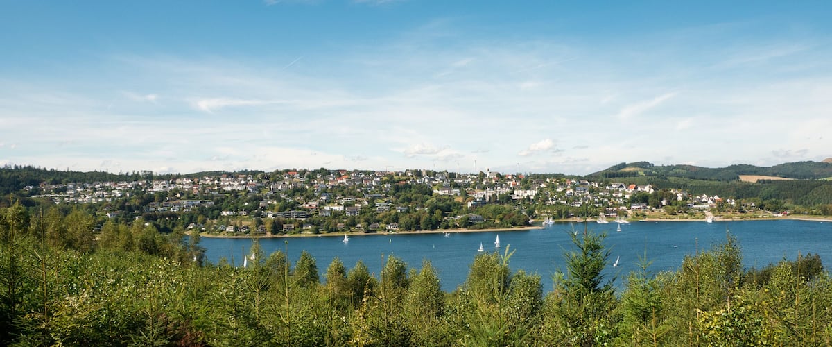 A lake surrounded by a densely populated town and forested hills.