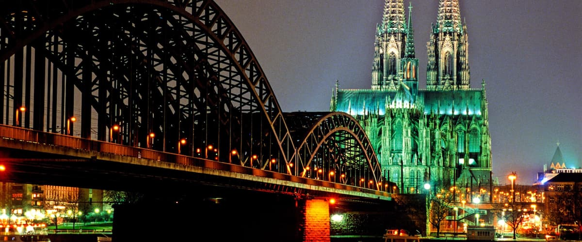 Ruhr showing night scenes, a city and a bridge